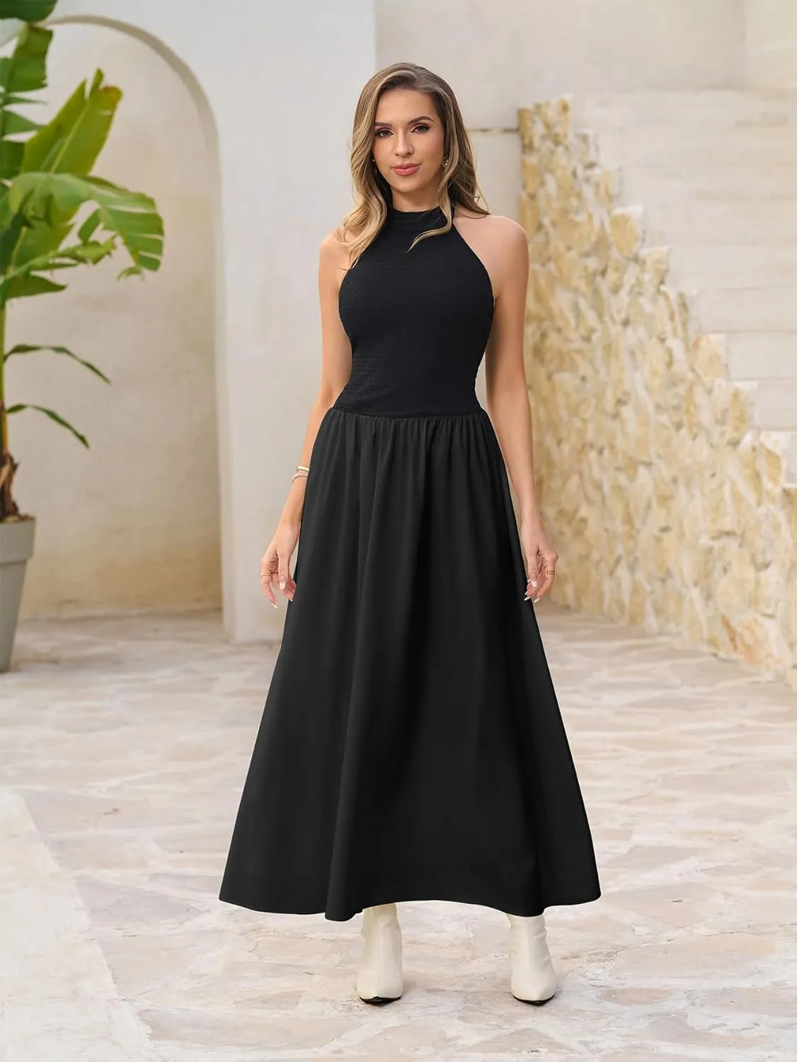 HTZMO Women Summer Casual Sleeveless Maxi Dresses 2025 Sexy Backless Halter Neck Patchwork Knit Sundress Flowy Long Dress