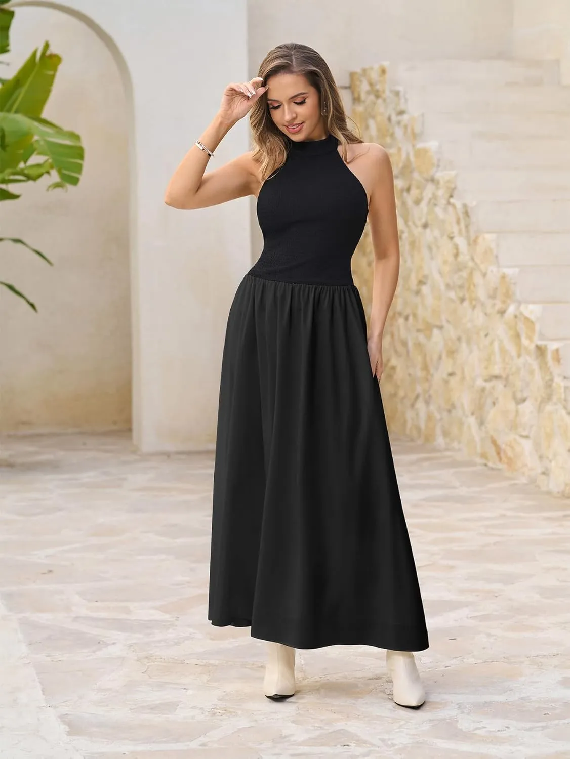 HTZMO Women Summer Casual Sleeveless Maxi Dresses 2025 Sexy Backless Halter Neck Patchwork Knit Sundress Flowy Long Dress