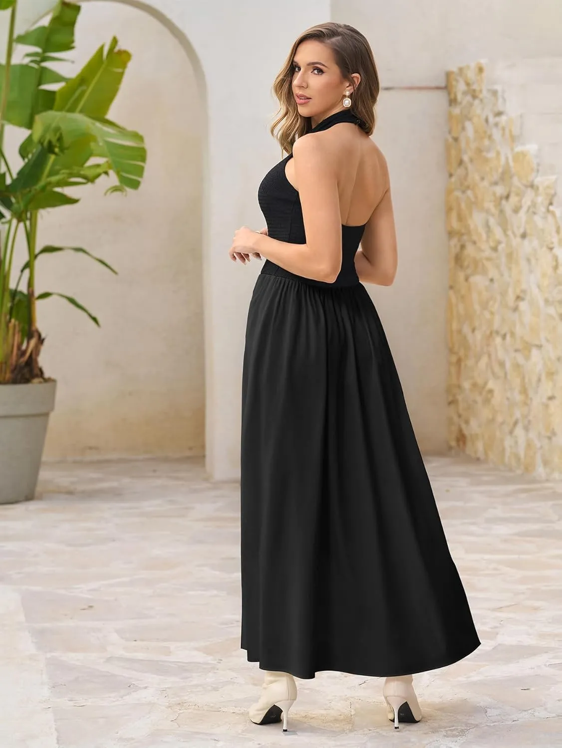 HTZMO Women Summer Casual Sleeveless Maxi Dresses 2025 Sexy Backless Halter Neck Patchwork Knit Sundress Flowy Long Dress