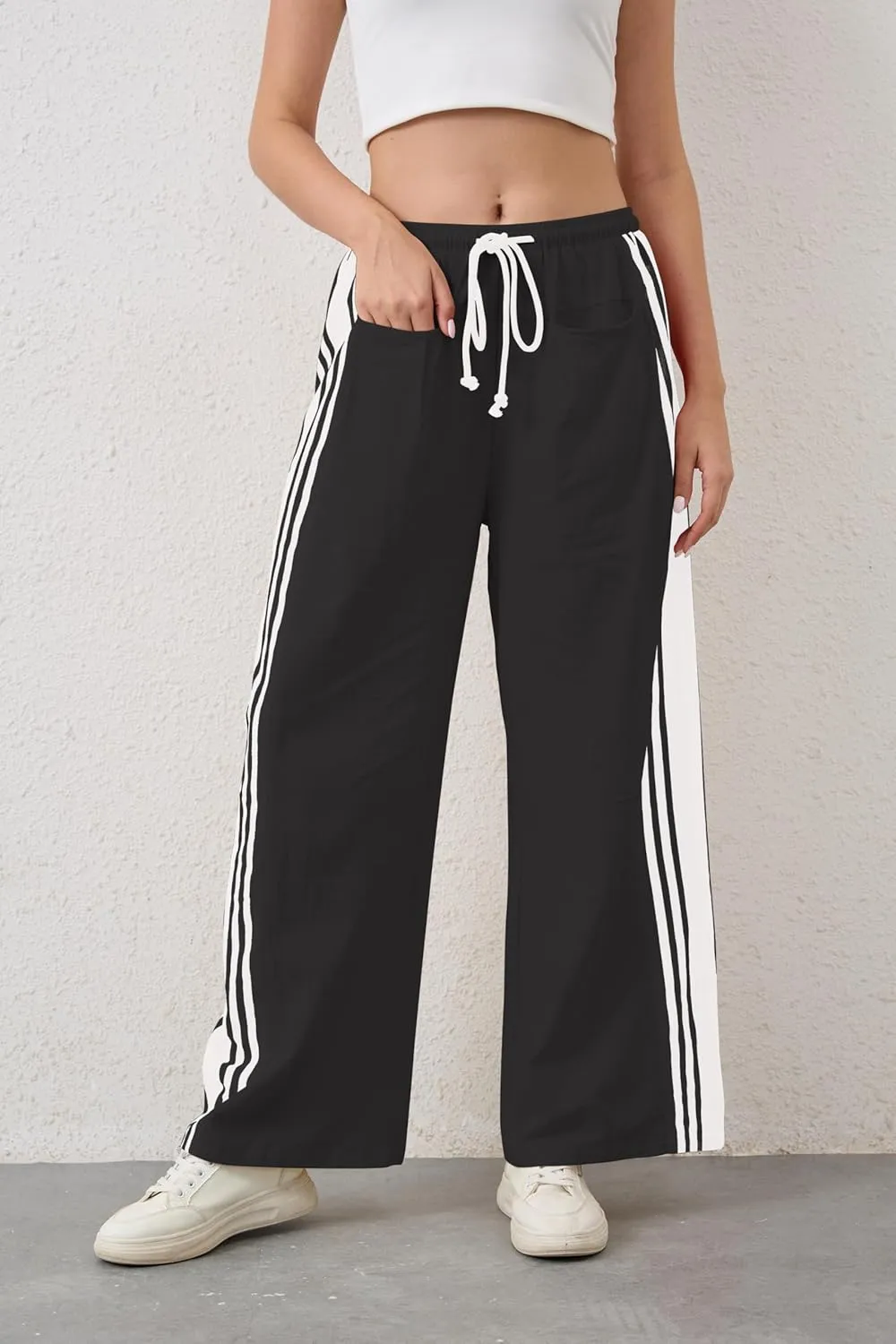 Hudson Canyon Striped Pants for Women Wide Leg Drawstring Waist High Rise Pant Baggy Casual Trousers with Pockets