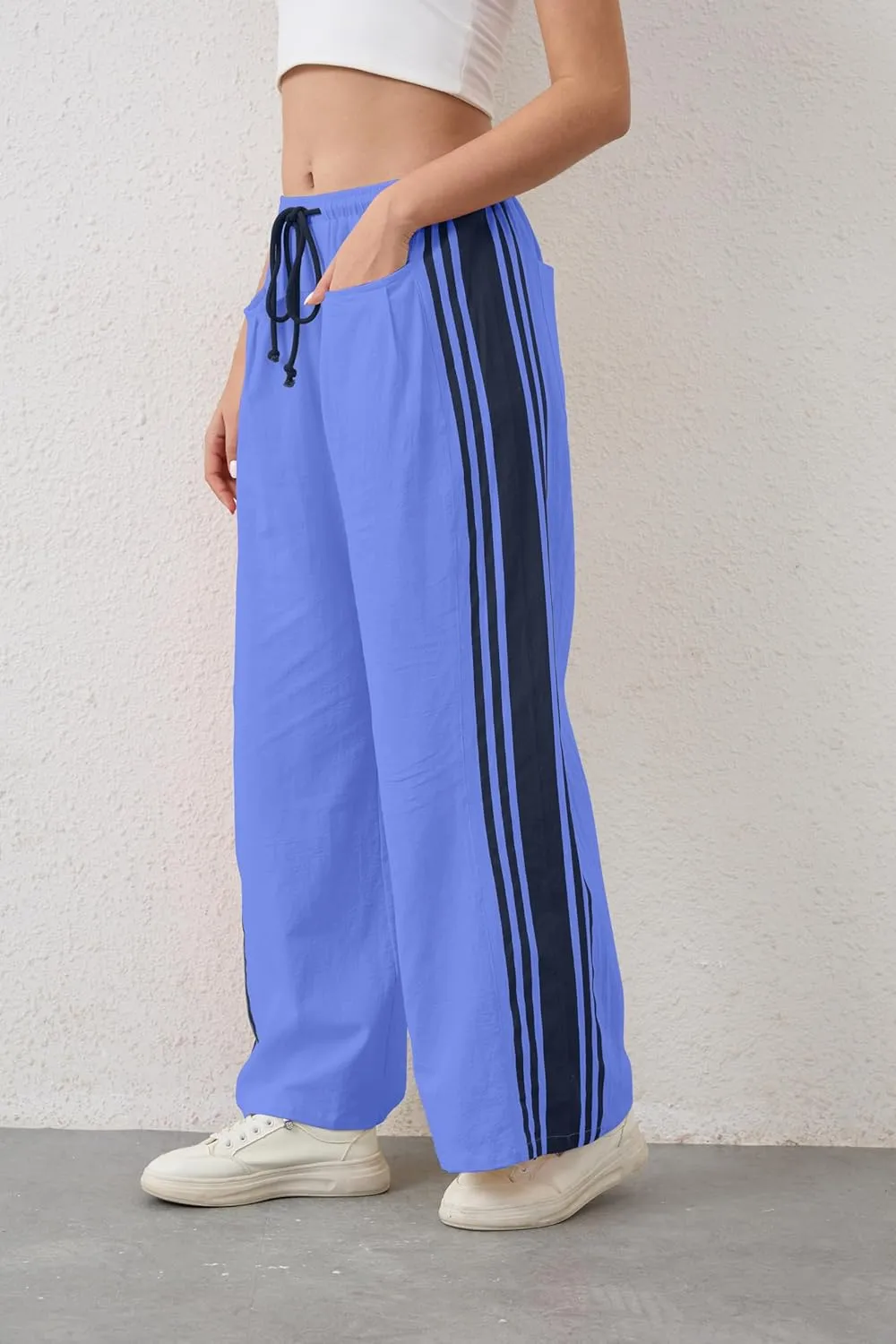 Hudson Canyon Striped Pants for Women Wide Leg Drawstring Waist High Rise Pant Baggy Casual Trousers with Pockets