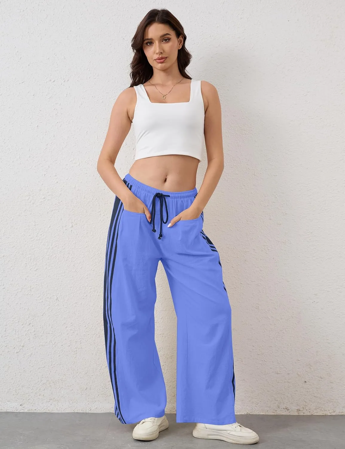 Hudson Canyon Striped Pants for Women Wide Leg Drawstring Waist High Rise Pant Baggy Casual Trousers with Pockets