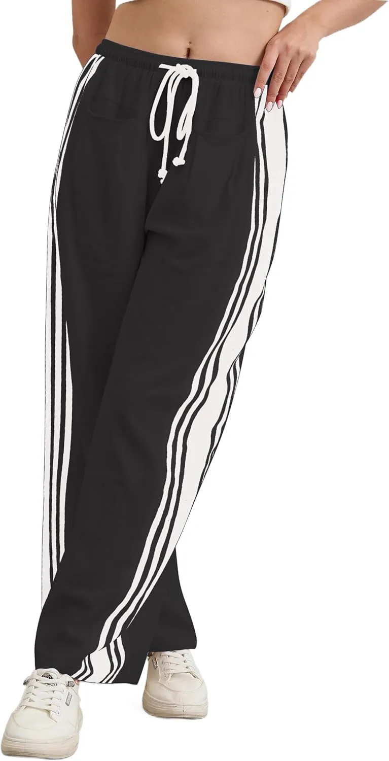 Hudson Canyon Striped Pants for Women Wide Leg Drawstring Waist High Rise Pant Baggy Casual Trousers with Pockets
