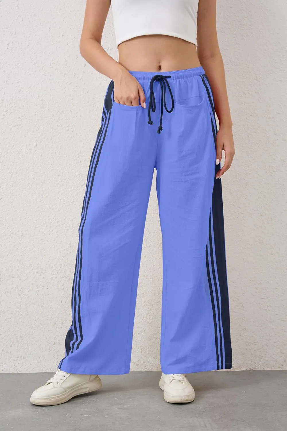 Hudson Canyon Striped Pants for Women Wide Leg Drawstring Waist High Rise Pant Baggy Casual Trousers with Pockets