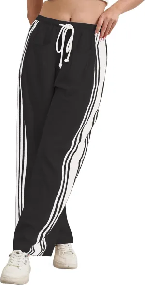 Hudson Canyon Striped Pants for Women Wide Leg Drawstring Waist High Rise Pant Baggy Casual Trousers with Pockets