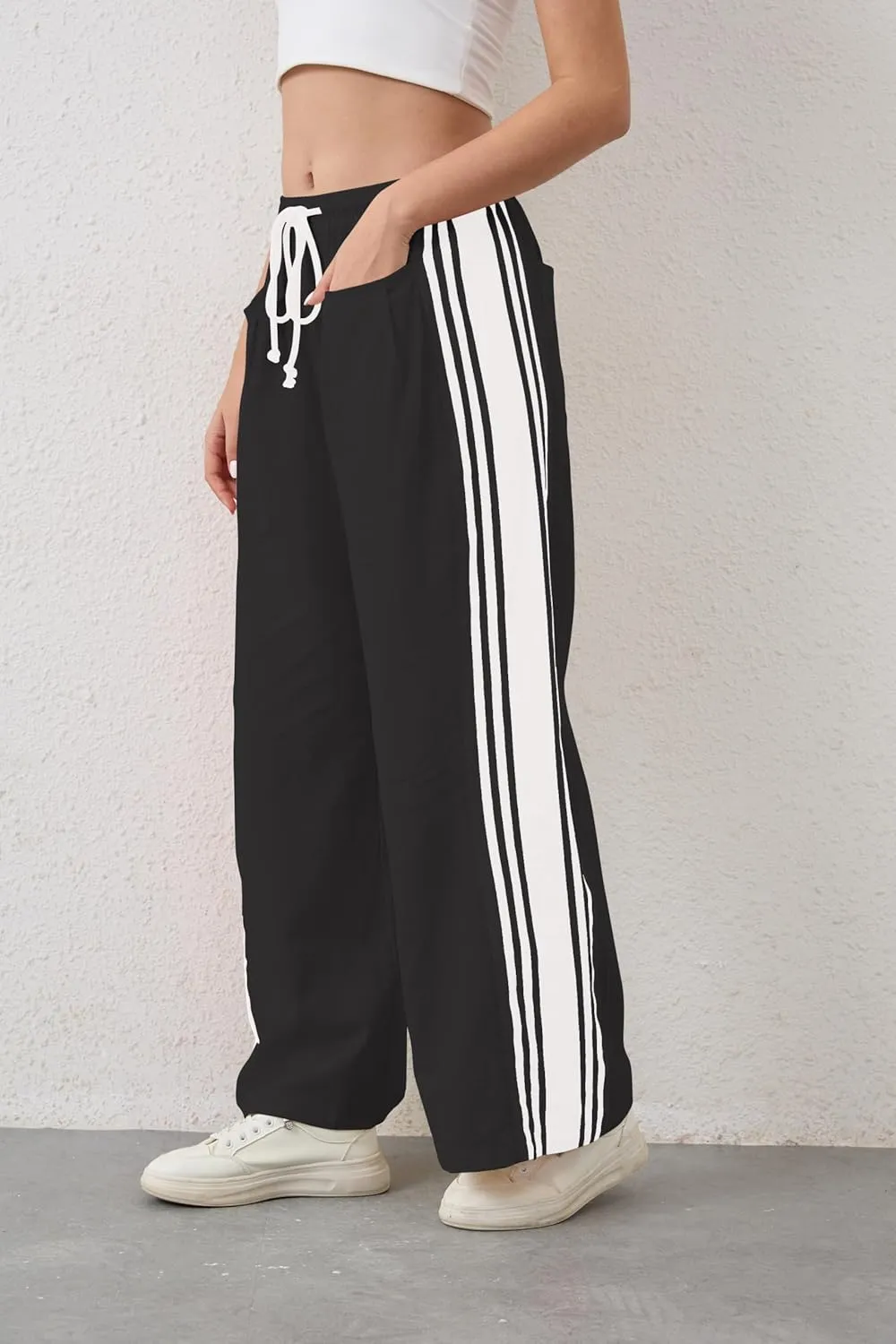 Hudson Canyon Striped Pants for Women Wide Leg Drawstring Waist High Rise Pant Baggy Casual Trousers with Pockets