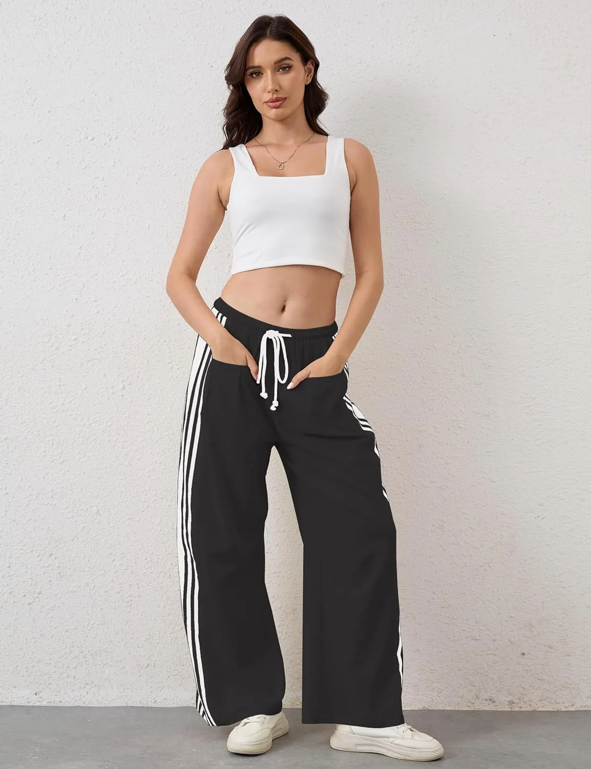 Hudson Canyon Striped Pants for Women Wide Leg Drawstring Waist High Rise Pant Baggy Casual Trousers with Pockets