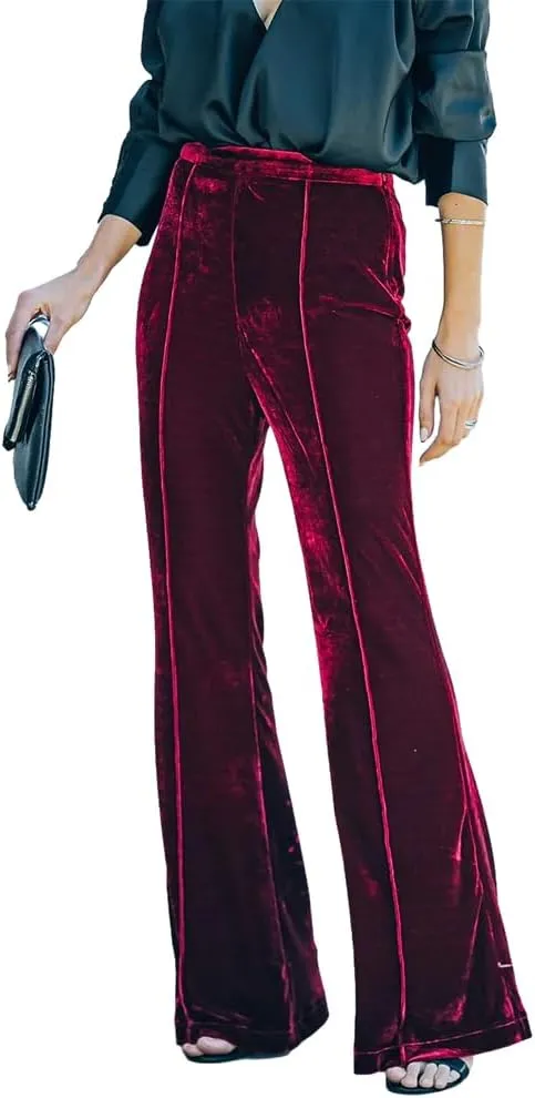 IKADEX Women Velvet Flare Pants High Waist Wide Leg Palazzo Bell Bottom Trousers Casual Dress Work Pants