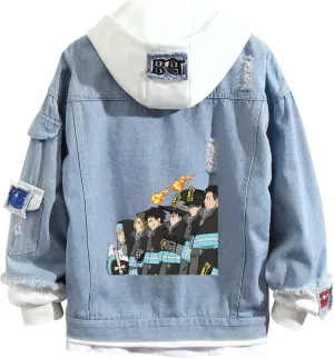 ISaikoy Anime Fire Force Denim Jacket Shinra Kusakabe Cosplay Sweatshirt Sweater Hoodie Pullovers Costume