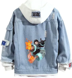 ISaikoy Anime Fire Force Denim Jacket Shinra Kusakabe Cosplay Sweatshirt Sweater Hoodie Pullovers Costume