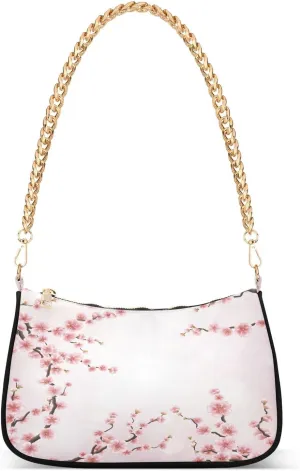 Japan Cherry Branch Blossom Flower Shoulder Handbags for Women Travel Hobo Tote Handbag Women Gold Chain Shoulder Bags Purse with Zipper Closure