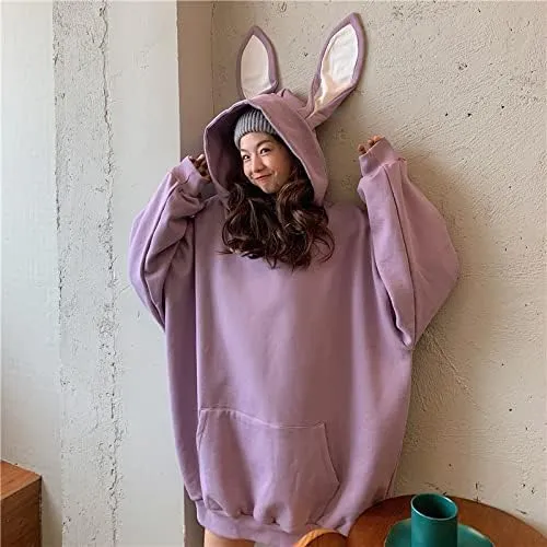 Japanese Kawaii Bunny Ears Hoodies for Women Cutecore Oversized Sweatshirt Baggy Long Sleeve Casual Fleece Top