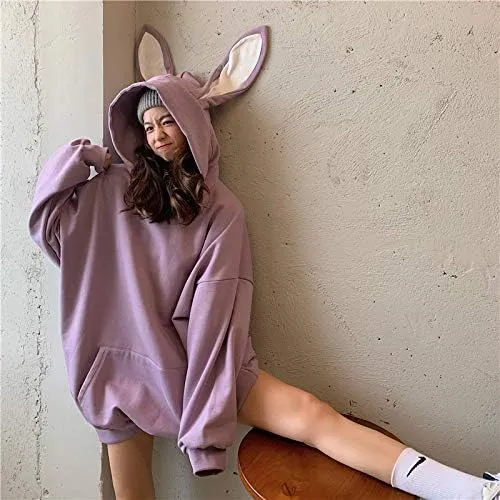 Japanese Kawaii Bunny Ears Hoodies for Women Cutecore Oversized Sweatshirt Baggy Long Sleeve Casual Fleece Top