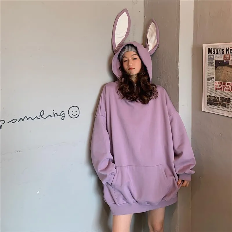 Japanese Kawaii Bunny Ears Hoodies for Women Cutecore Oversized Sweatshirt Baggy Long Sleeve Casual Fleece Top