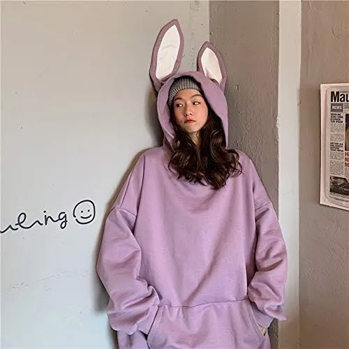 Japanese Kawaii Bunny Ears Hoodies for Women Cutecore Oversized Sweatshirt Baggy Long Sleeve Casual Fleece Top