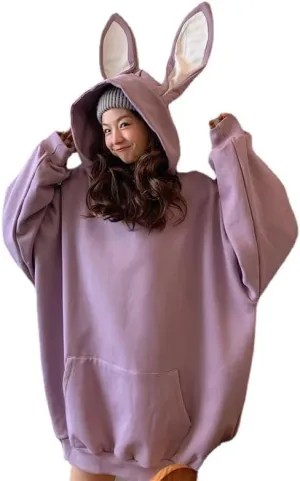 Japanese Kawaii Bunny Ears Hoodies for Women Cutecore Oversized Sweatshirt Baggy Long Sleeve Casual Fleece Top