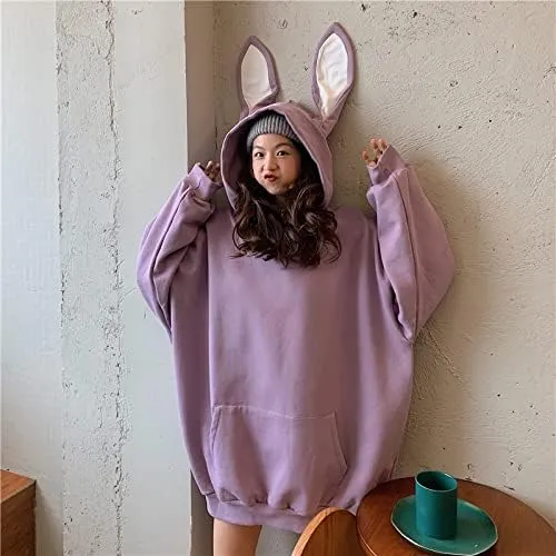 Japanese Kawaii Bunny Ears Hoodies for Women Cutecore Oversized Sweatshirt Baggy Long Sleeve Casual Fleece Top