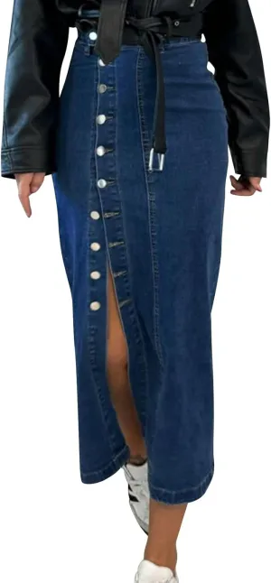 Jean Skirts for Women Denim Skirt Midi Length Elastic High Waisted Side Split Button Down Pants Asymmetrical Skirt