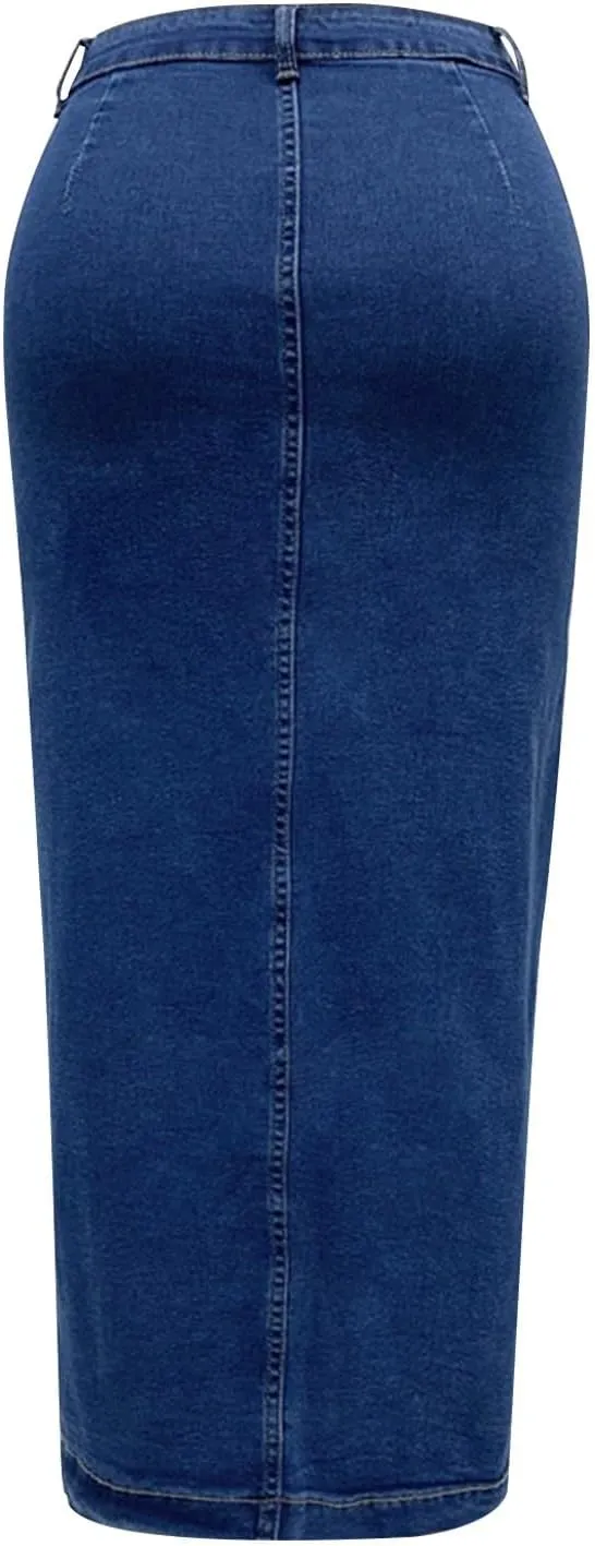 Jean Skirts for Women Denim Skirt Midi Length Elastic High Waisted Side Split Button Down Pants Asymmetrical Skirt