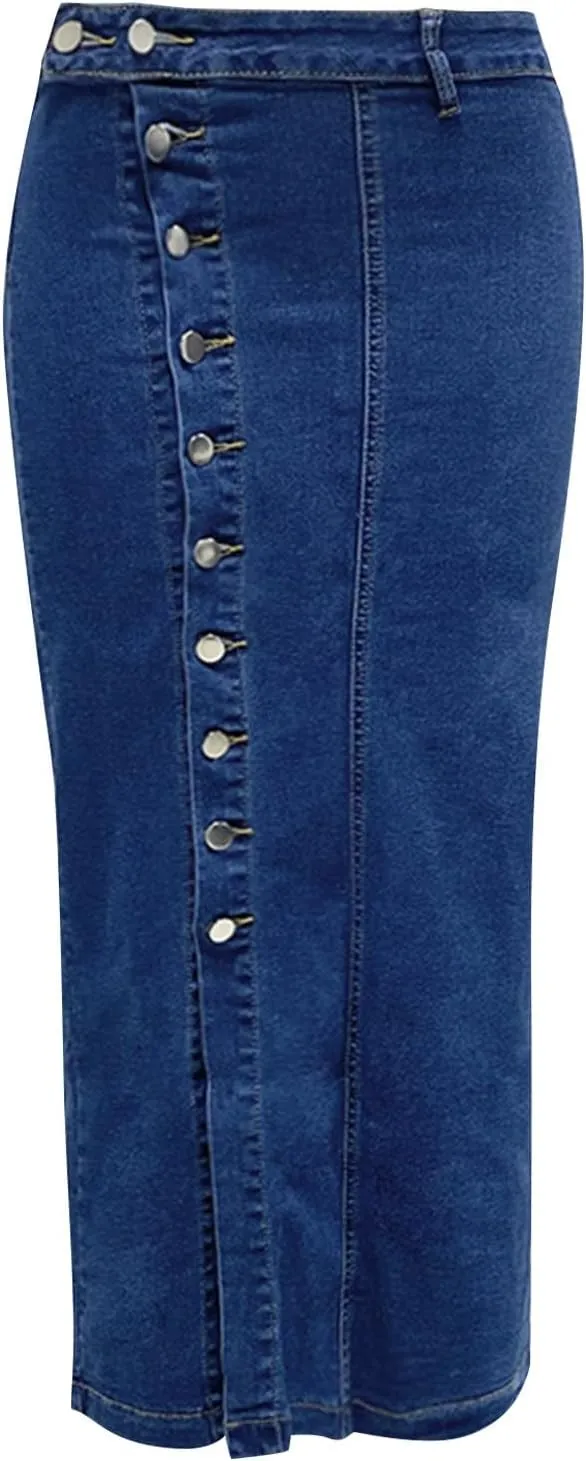Jean Skirts for Women Denim Skirt Midi Length Elastic High Waisted Side Split Button Down Pants Asymmetrical Skirt