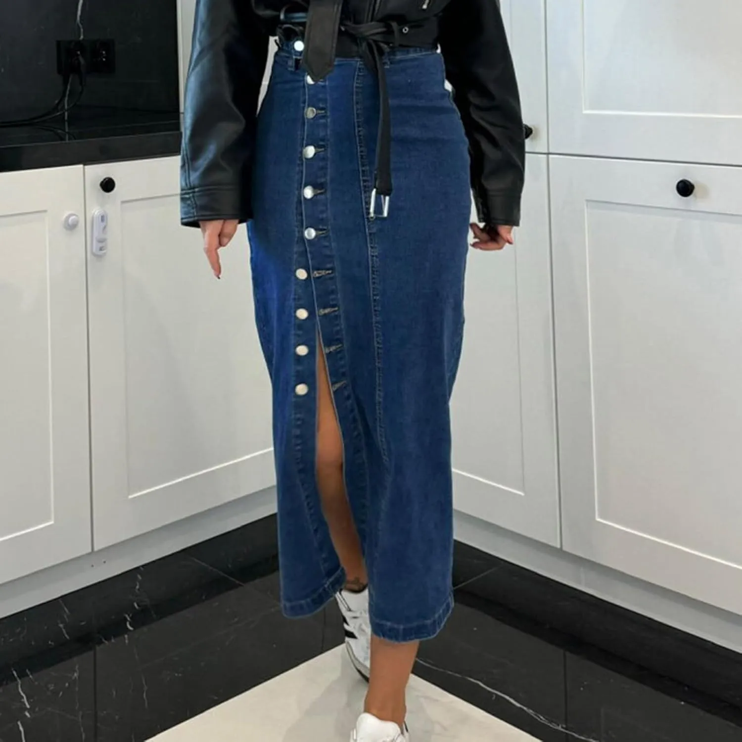Jean Skirts for Women Denim Skirt Midi Length Elastic High Waisted Side Split Button Down Pants Asymmetrical Skirt