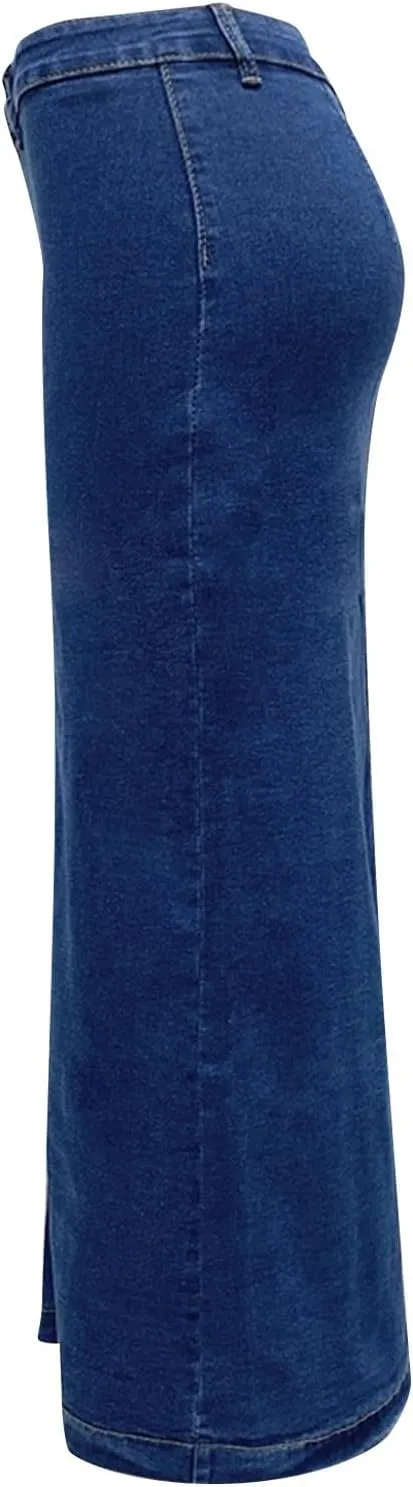 Jean Skirts for Women Denim Skirt Midi Length Elastic High Waisted Side Split Button Down Pants Asymmetrical Skirt