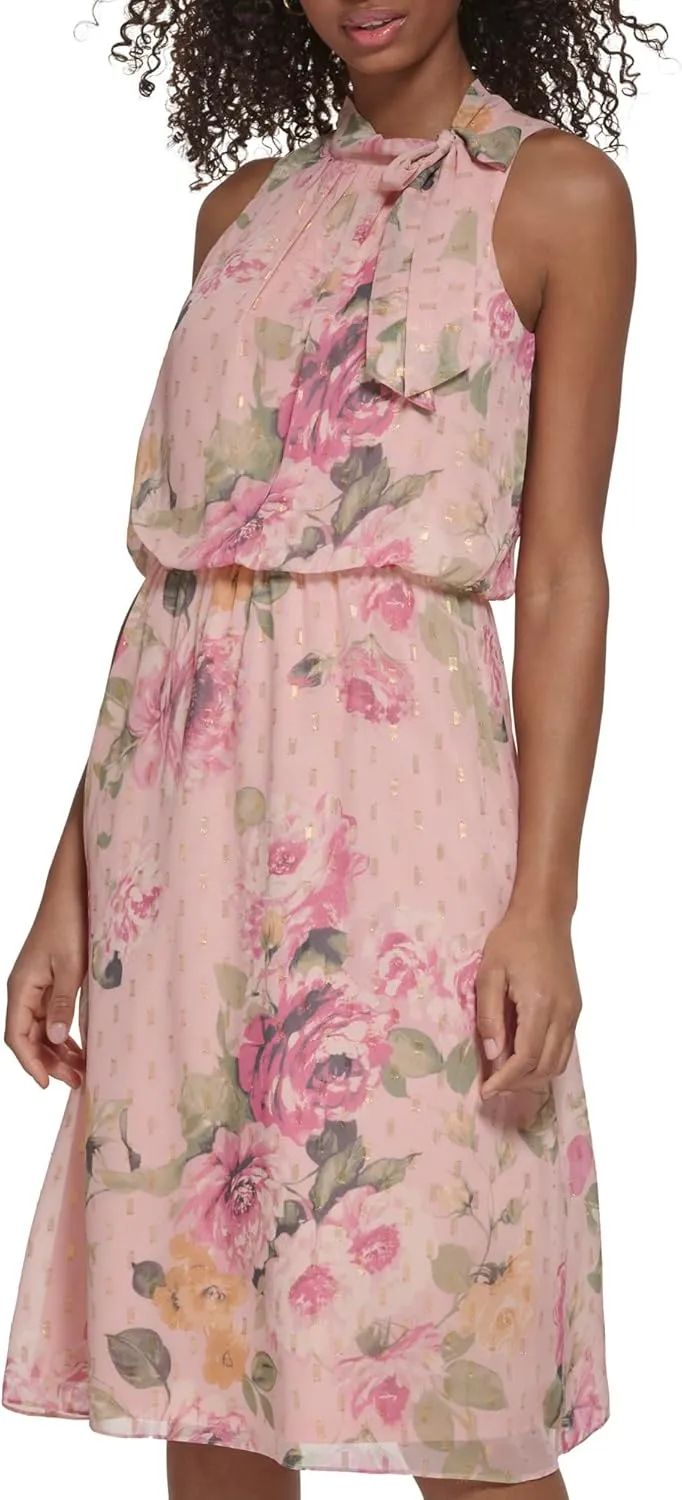 Jessica Howard Women's Fit and Flare Midi Dress with Tie Neck in Chiffon Lurex