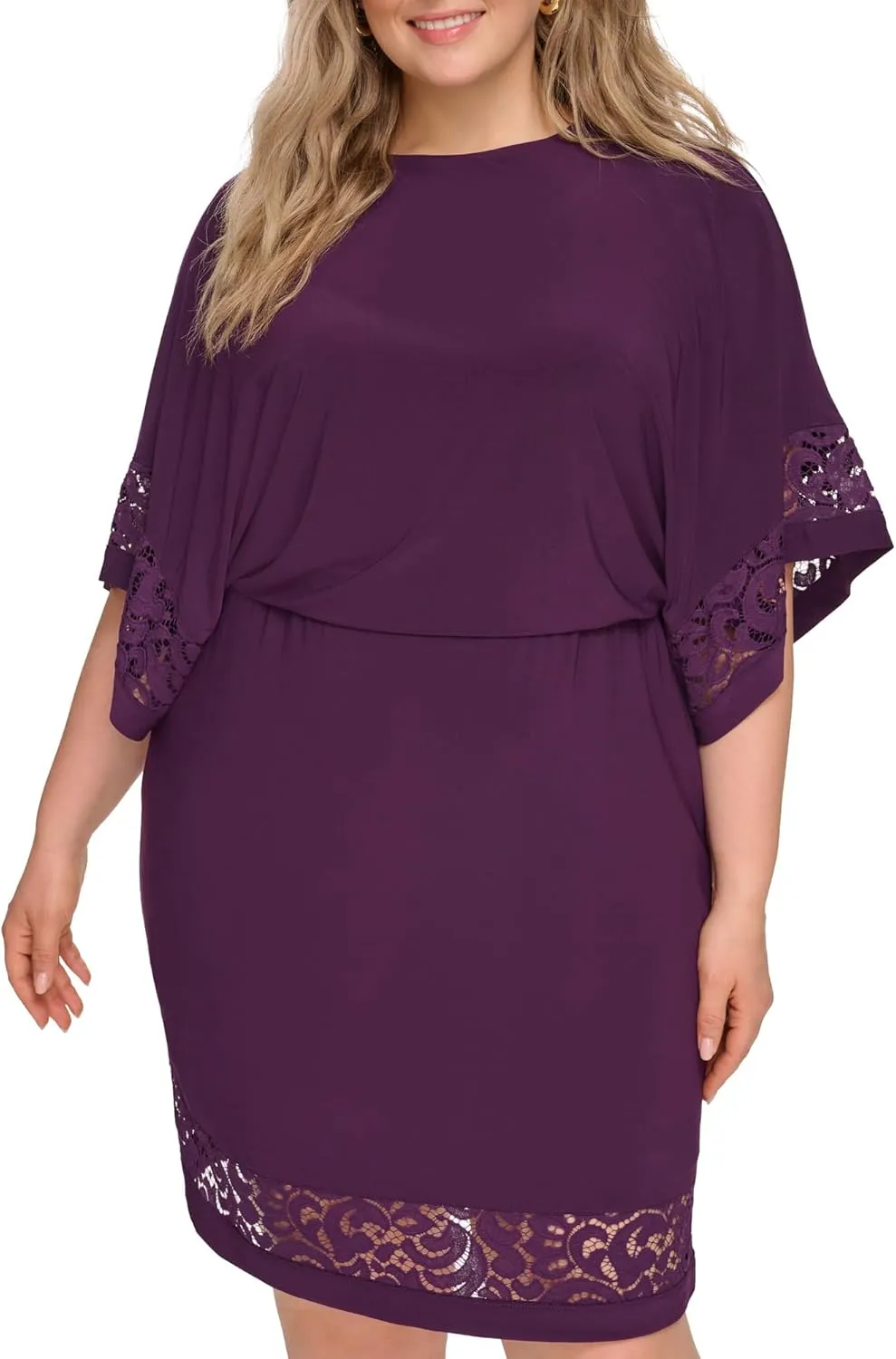 Jessica Howard Women's Lace Trim Knit Mini Dress  Boat Neck Elbow Sleeve Desk to Dinner