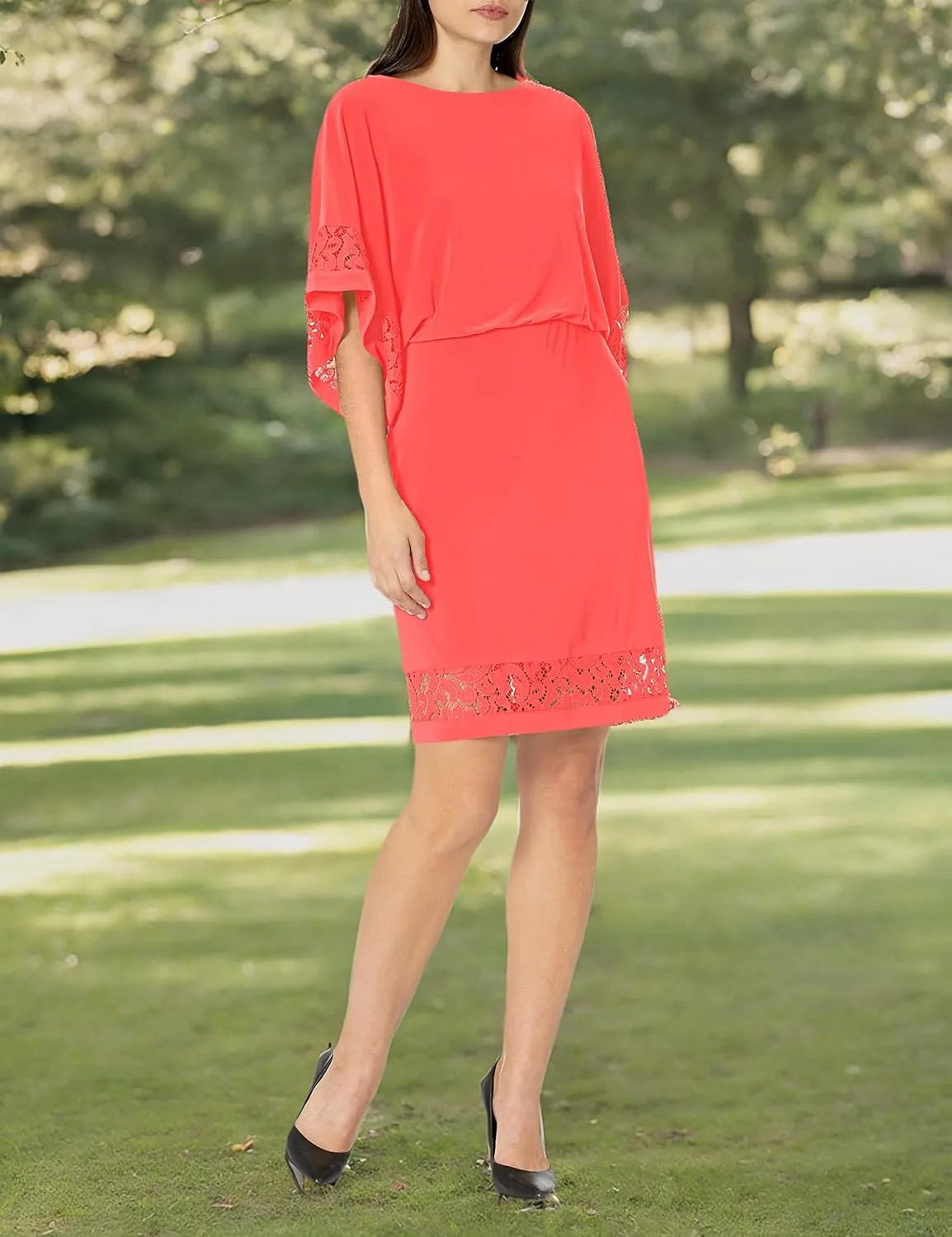 Jessica Howard Women's Lace Trim Knit Mini Dress  Boat Neck Elbow Sleeve Desk to Dinner