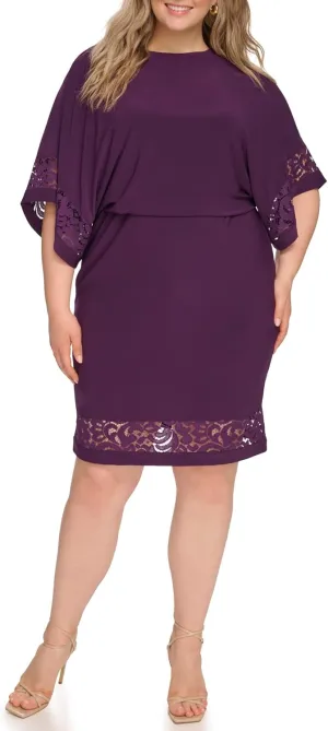 Jessica Howard Women's Lace Trim Knit Mini Dress  Boat Neck Elbow Sleeve Desk to Dinner