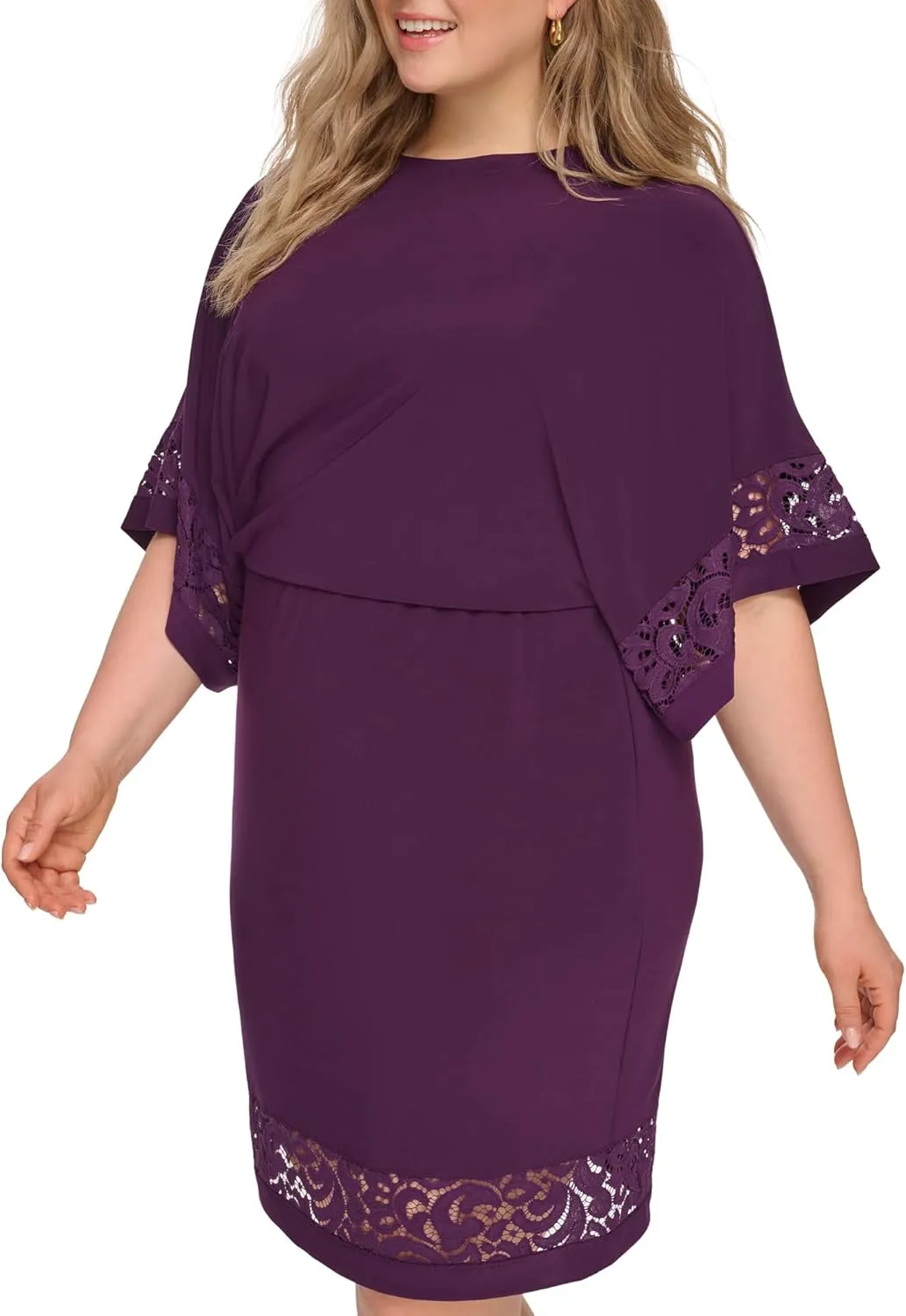 Jessica Howard Women's Lace Trim Knit Mini Dress  Boat Neck Elbow Sleeve Desk to Dinner