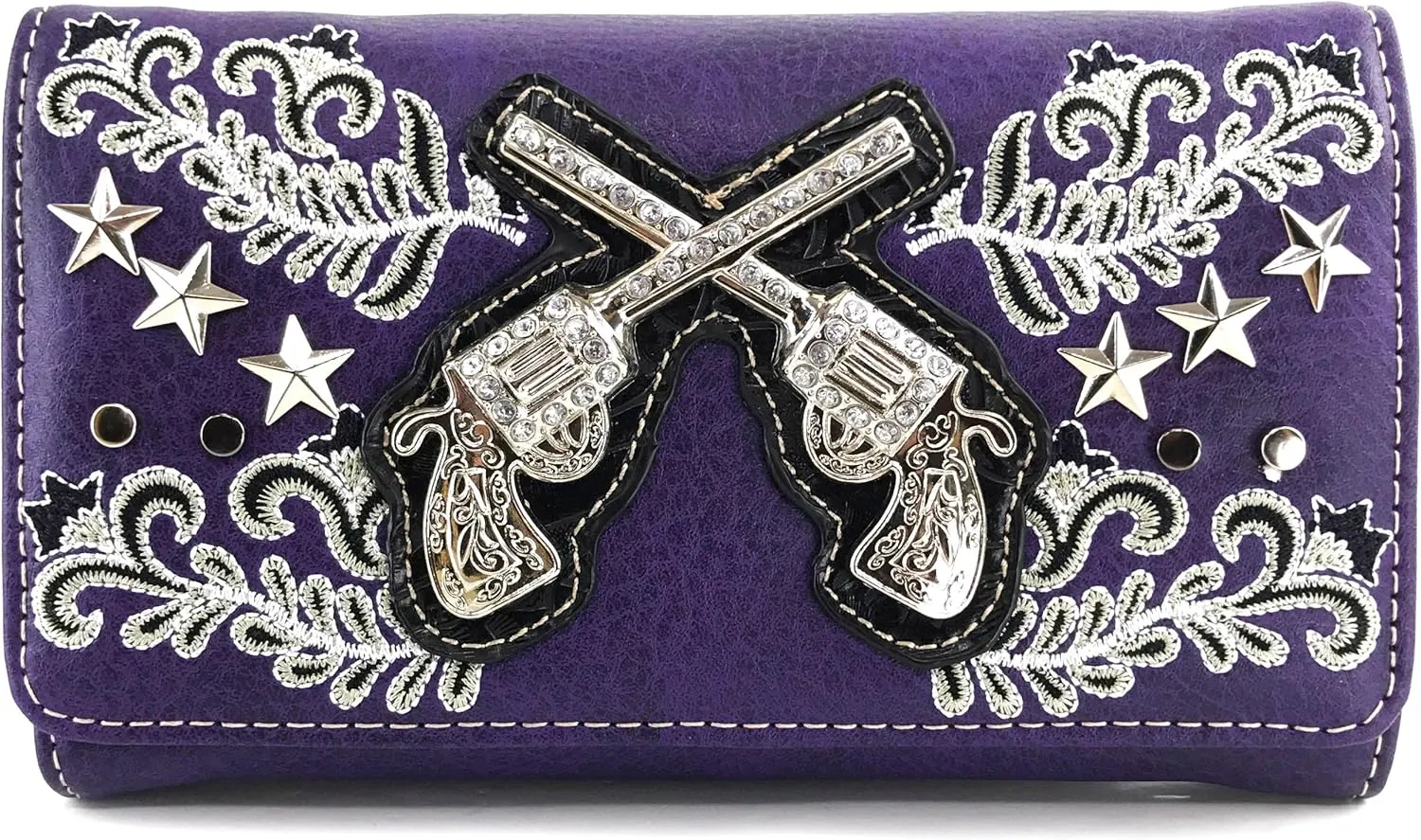 Justin West Cross Guns Western Floral Damask Embroidery Studs Stars Concealed Carry Handbag Purse