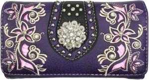 Justin West Rhinestone Concho Western Laser Cut Wristlet Trifold Wallet Attachable Long Strap