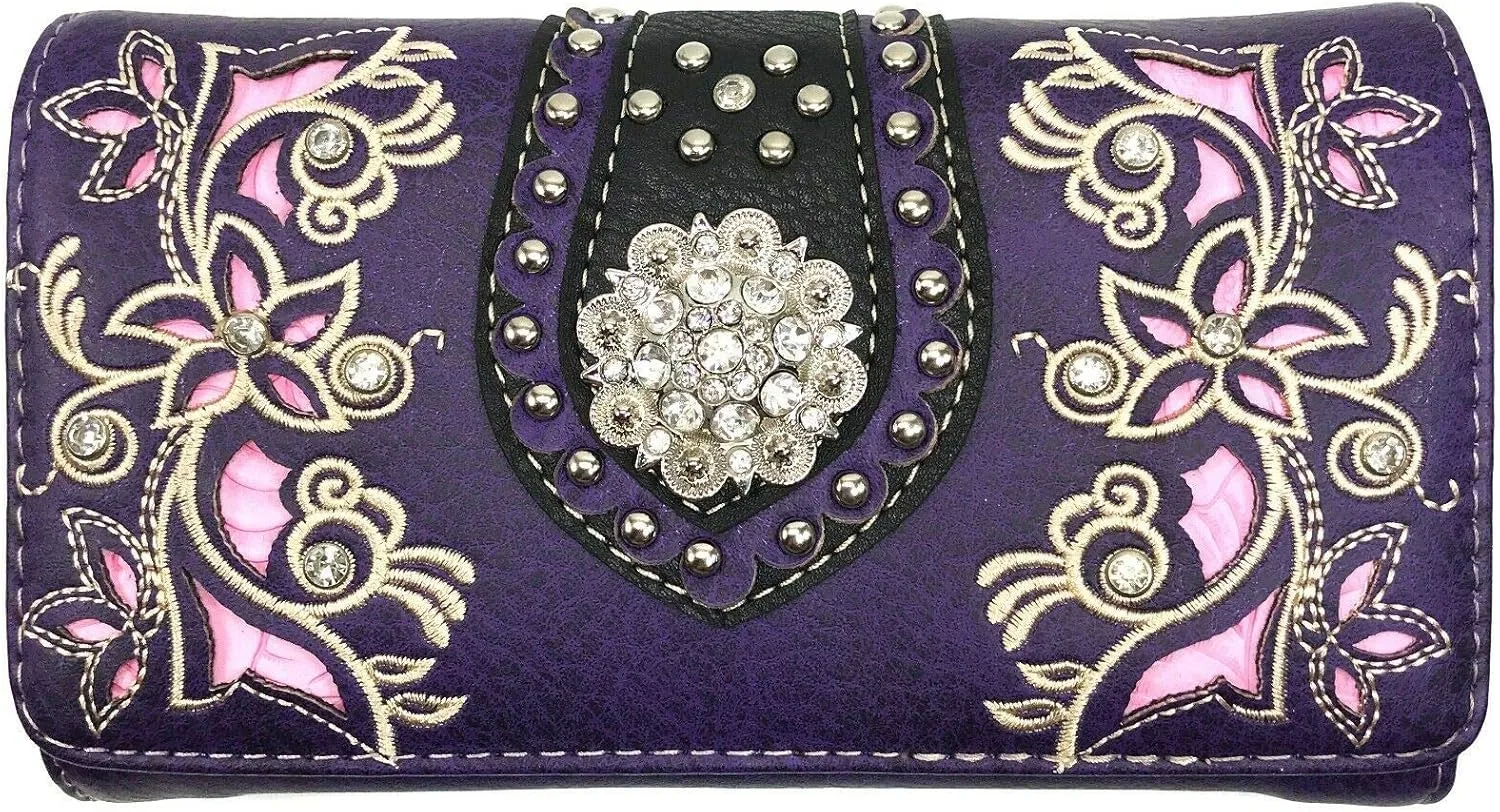 Justin West Rhinestone Concho Western Laser Cut Wristlet Trifold Wallet Attachable Long Strap