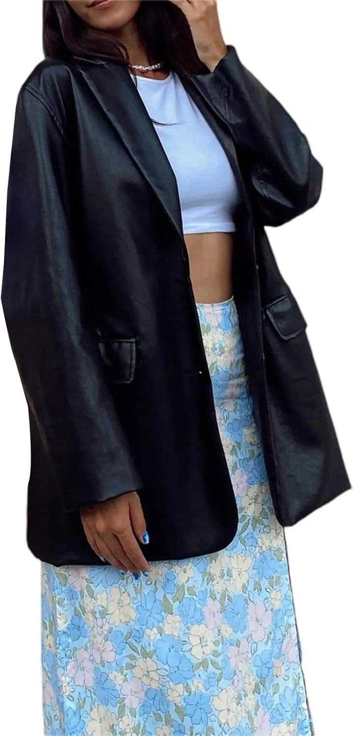 Kaipiclos Women Leather Jacket Oversized Lapel Button Front PU Faux Leather Blazer Shacket Jackets Fall Winter Trench Coat