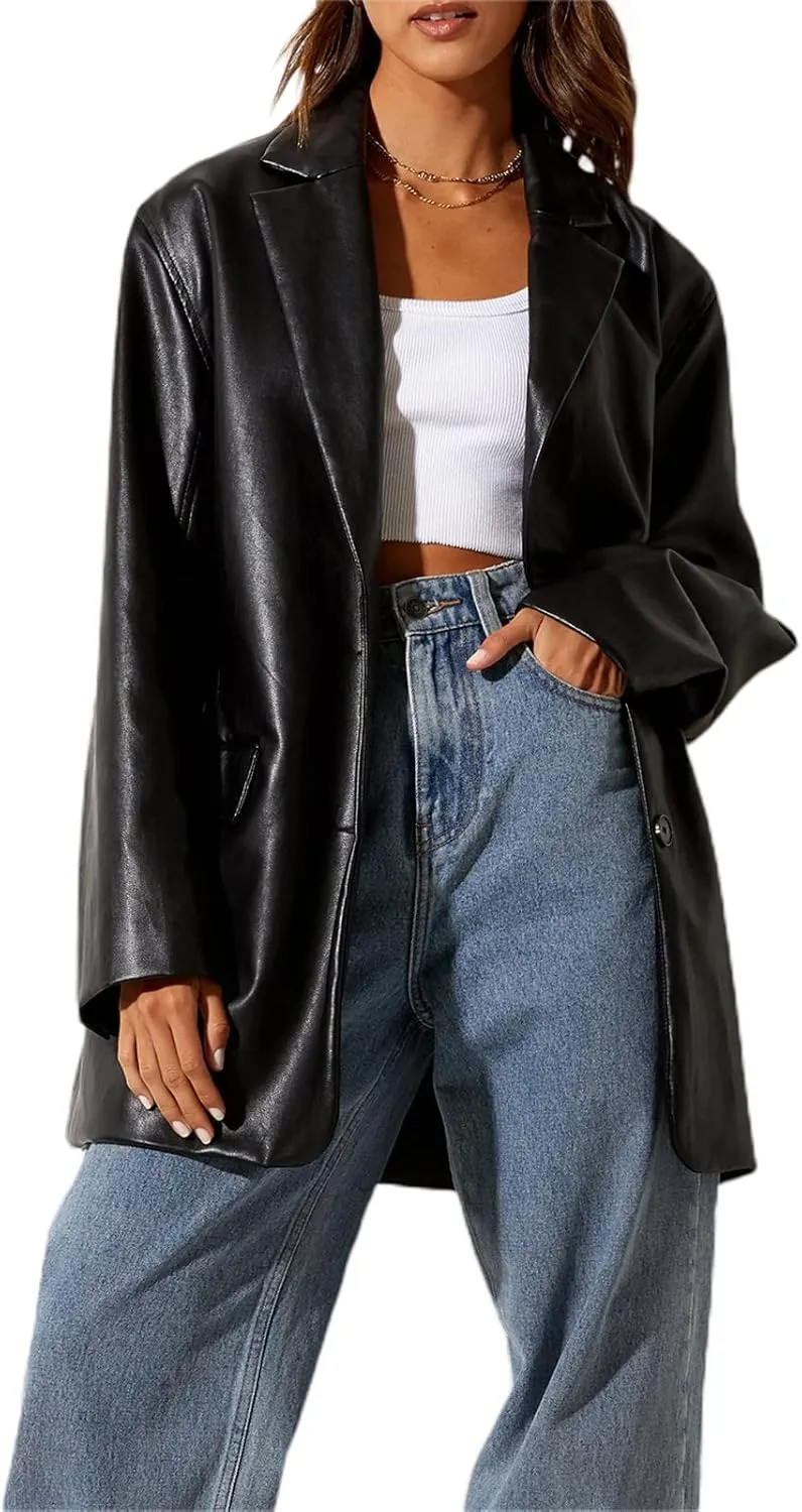 Kaipiclos Women Leather Jacket Oversized Lapel Button Front PU Faux Leather Blazer Shacket Jackets Fall Winter Trench Coat