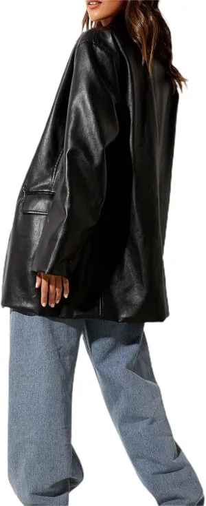Kaipiclos Women Leather Jacket Oversized Lapel Button Front PU Faux Leather Blazer Shacket Jackets Fall Winter Trench Coat