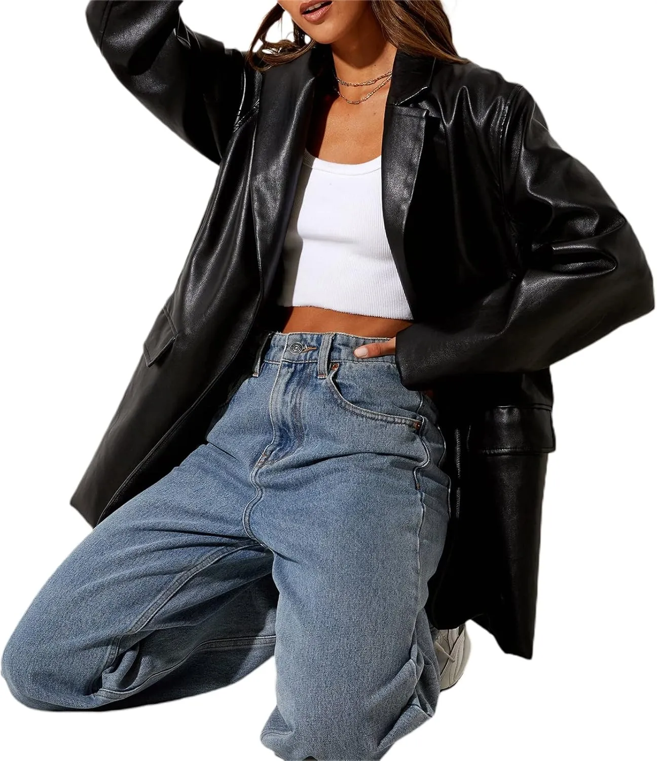 Kaipiclos Women Leather Jacket Oversized Lapel Button Front PU Faux Leather Blazer Shacket Jackets Fall Winter Trench Coat