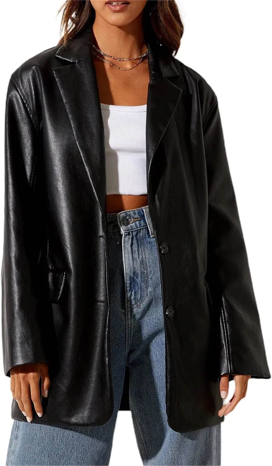 Kaipiclos Women Leather Jacket Oversized Lapel Button Front PU Faux Leather Blazer Shacket Jackets Fall Winter Trench Coat