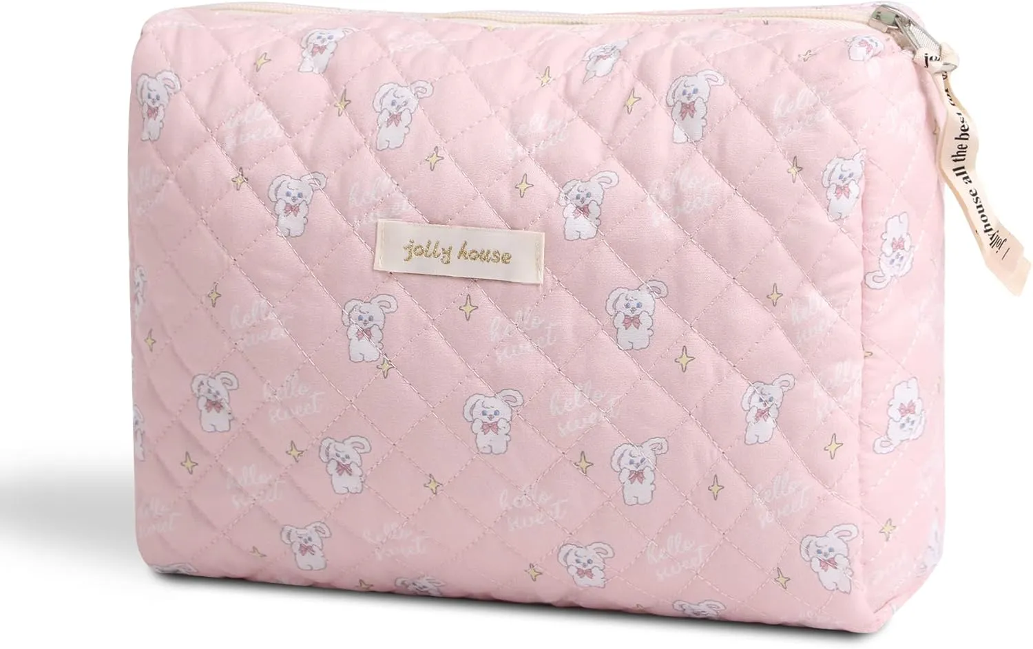Kawaii Floral Makeup Bag Coquette Aesthetic Cosmetic Bag Large Travel Make up Organizer Cute Pouch Cotton Quilted Toiletry Bag for Women Girls Kawaii Stuff (M-Pink Rabbit)