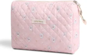 Kawaii Floral Makeup Bag Coquette Aesthetic Cosmetic Bag Large Travel Make up Organizer Cute Pouch Cotton Quilted Toiletry Bag for Women Girls Kawaii Stuff (M-Pink Rabbit)