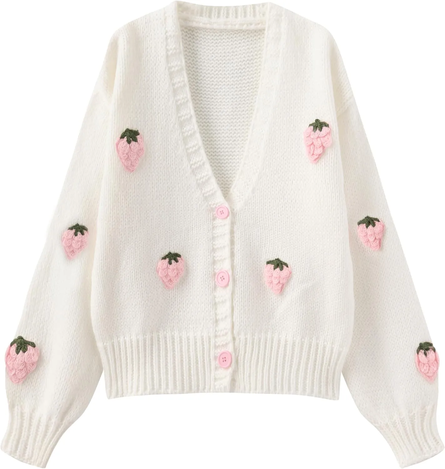 Kawaii Sweet Japanese Women's Fruit Strawberry Pink Embroidery Printed Button Knitted Cardigan Sweater Coat