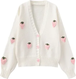 Kawaii Sweet Japanese Women's Fruit Strawberry Pink Embroidery Printed Button Knitted Cardigan Sweater Coat