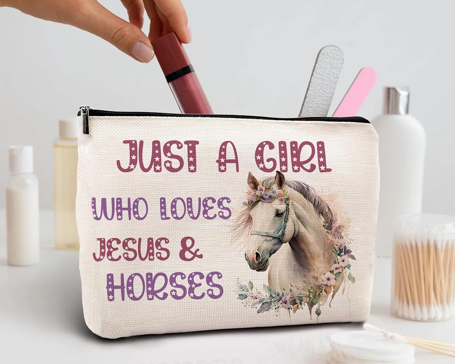 KDQUA Horse Lovers Makeup Bag, Just a Girl Who Loves Horses, Funny Cowgirl Equestrian Gifts - Linen Cosmetic Bag Zipper Pouch Travel Toiletry Bag