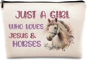 KDQUA Horse Lovers Makeup Bag, Just a Girl Who Loves Horses, Funny Cowgirl Equestrian Gifts - Linen Cosmetic Bag Zipper Pouch Travel Toiletry Bag