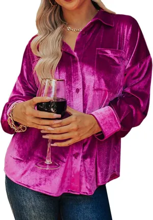 Kedera Womens Velvet Long Sleeve Button Down Shirt Jacket Retro Blouse Lapel Tunic Tops