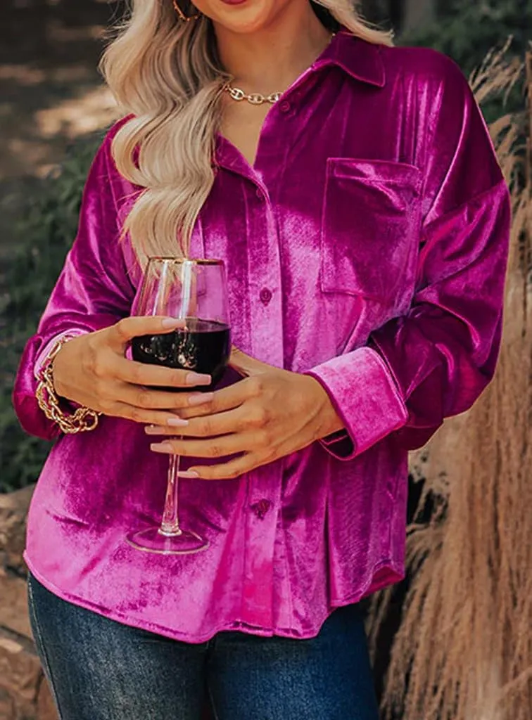 Kedera Womens Velvet Long Sleeve Button Down Shirt Jacket Retro Blouse Lapel Tunic Tops