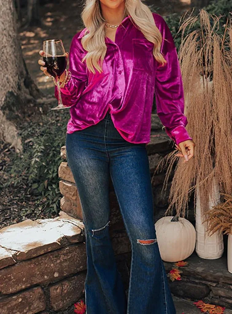 Kedera Womens Velvet Long Sleeve Button Down Shirt Jacket Retro Blouse Lapel Tunic Tops