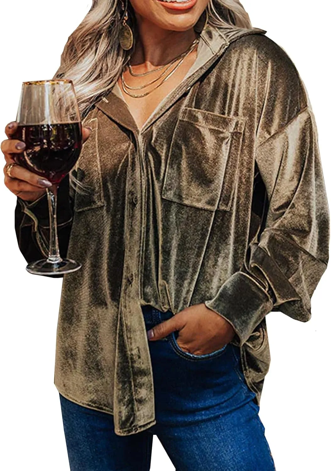 Kedera Womens Velvet Long Sleeve Button Down Shirt Jacket Retro Blouse Lapel Tunic Tops