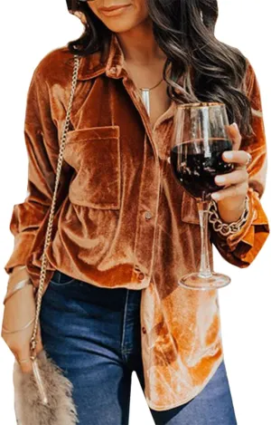 Kedera Womens Velvet Long Sleeve Button Down Shirt Jacket Retro Blouse Lapel Tunic Tops